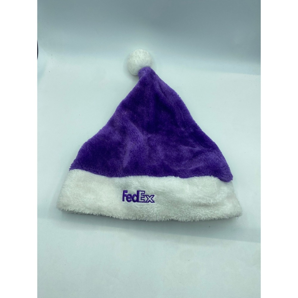FedEx Santa Hat Purple White Plush Fleece Holiday Christmas Corporate Promo Logo